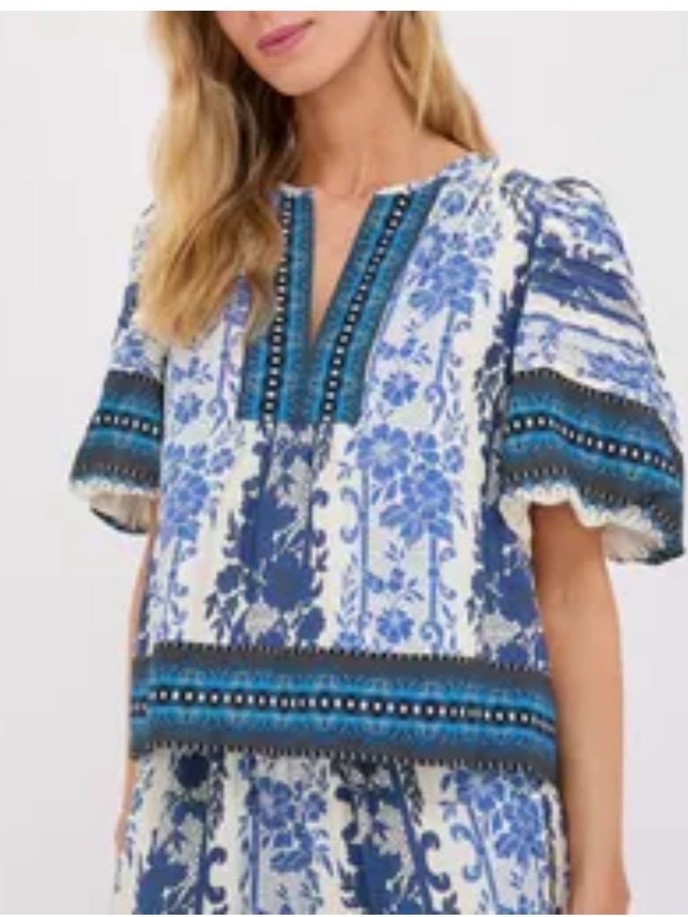 Tuckernuck Blue and White Floral Split V-Neck Blouse